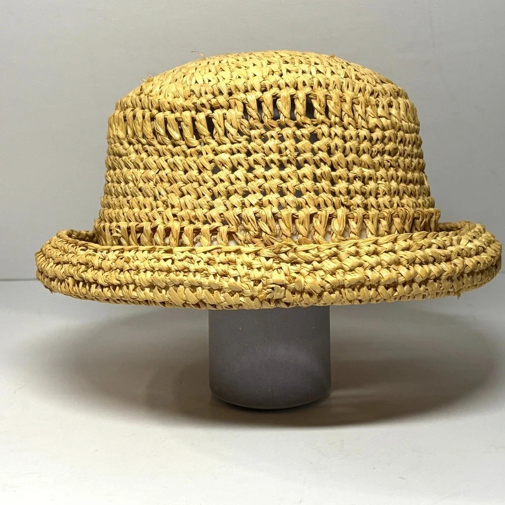Scala Straw Cloche Sun Hat Womens Small Tan Natural Fiber‎ Hand Crochet Summer